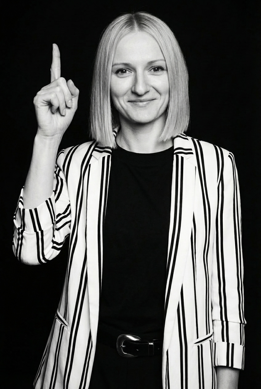 Justyna pointing up with a friendly smile in a professional striped blazer
